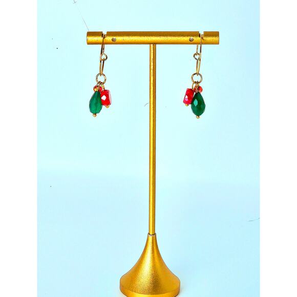 Handmade Green Onyx Chalcedony Hoop Earrings Red Crystal Dainty Christmas Colors - Picture 7 of 7